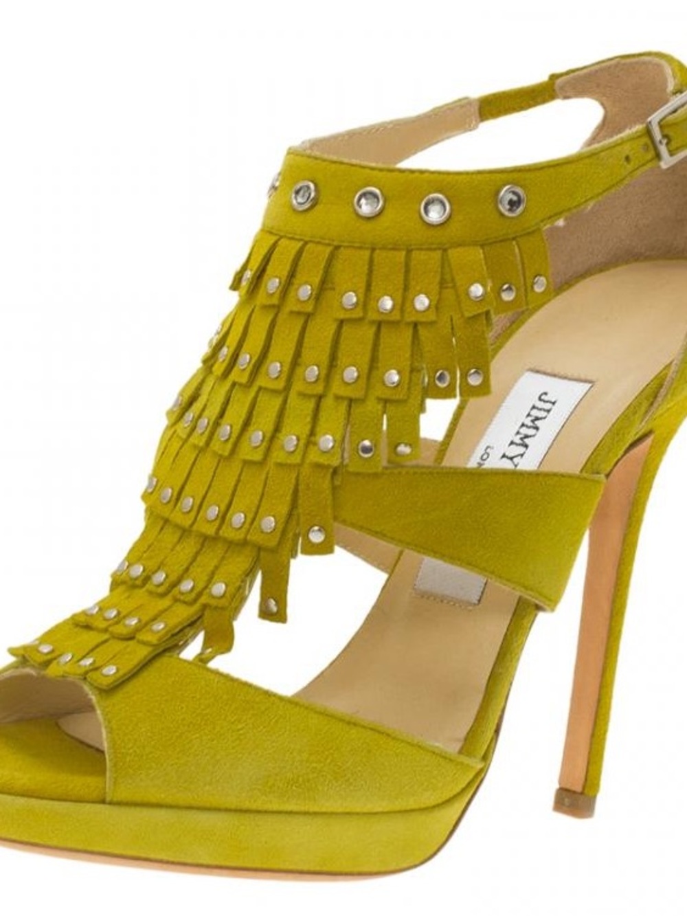 Jimmy Choo Dochas Yellow Suede Fringe Crystal Stud Heels - size 38.5 - org: $995